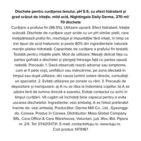 Dischete pentru curatarea tenului cu efect hidratant, pH 5.5, Daily Derma, 70 bucati, Nightingale 718534