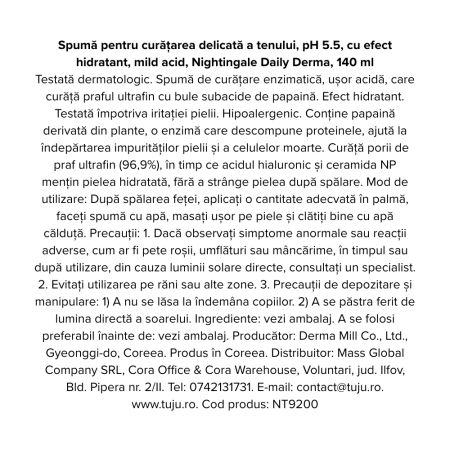 Spuma pentru curatarea tenului cu efect hidratant, pH 5.5, Daily Derma, 140 ml, Nightingale 718599