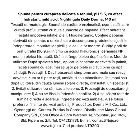 Spuma pentru curatarea tenului cu efect hidratant, pH 5.5, Daily Derma, 140 ml, Nightingale 718599