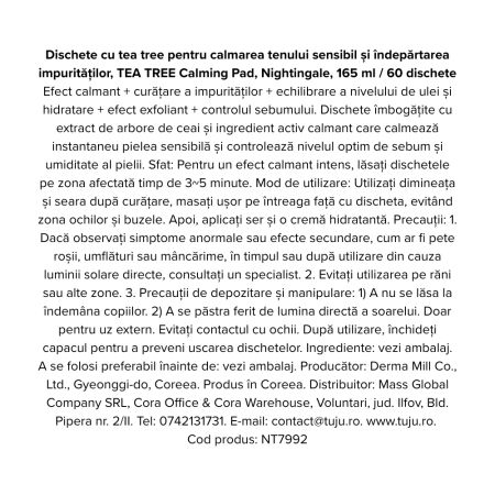 Dischete cu tea tree pentru curatare si calmarea tenului, Tea Tree Calming, 60 bucati, Nightingale 718630