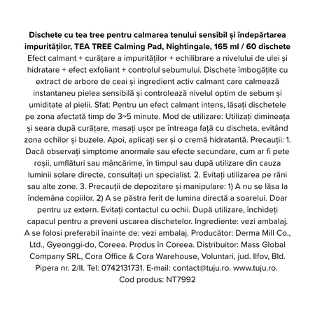Dischete cu tea tree pentru curatare si calmarea tenului, Tea Tree Calming, 60 bucati, Nightingale 718630