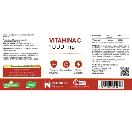 Vitamina C, 1000 mg, 50 capsule vegetale, Nutrific 719519