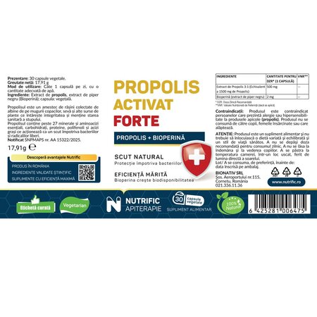 Propolis activat Forte cu Bioperina, 30 capsule, Nutrific 719538