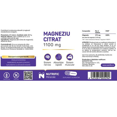 Magneziu Citrat, 375 mg, 60 tablete, Nutrific 719589