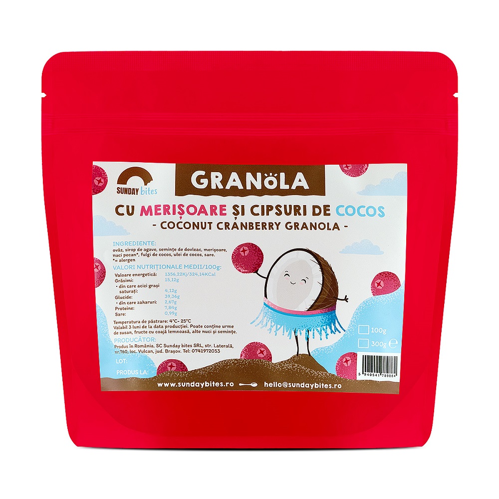 Granola cu merisoare si chipsuri de cocos, 300 g, Sunday Bites