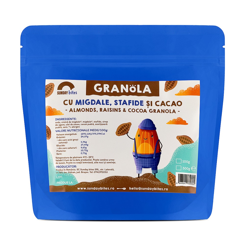 Granola cu migdale, stafide si cacao, 300 g, Sunday Bites