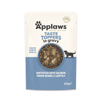 Hrana umeda cu carne de peste alb, somon si legume in sos pentru caini Toppers, 85 g, Applaws