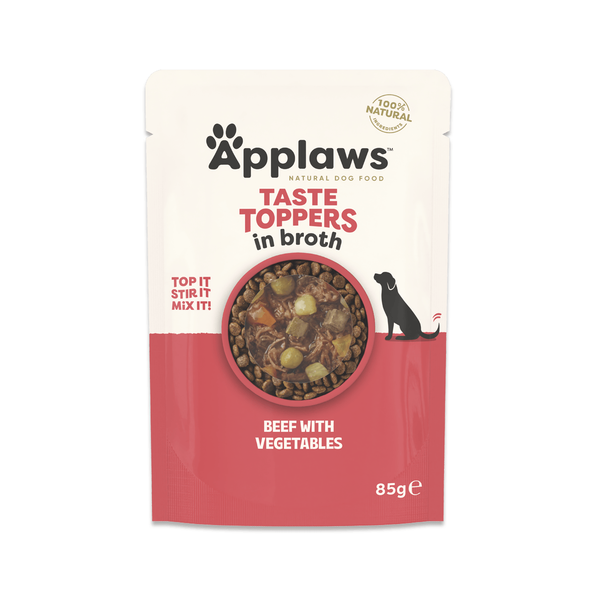 Hrana umeda cu carne de vita si legume in supa pentru caini Toppers, 85 g, Applaws