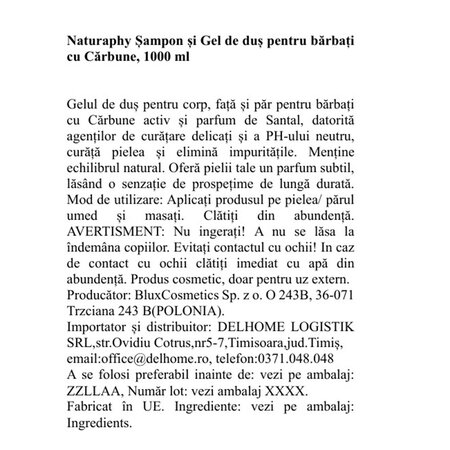 Gel de dus pentru barbati cu carbune activ, 1000 ml, Naturaphy 720962