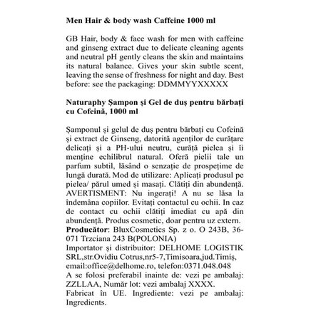 Gel de dus 3 in 1 pentru barbati cu cafeina, 1000 ml, Naturaphy 720959
