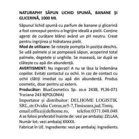 Sapun lichid spuma cu banane si glicerina, 1000 ml, Naturaphy 720924