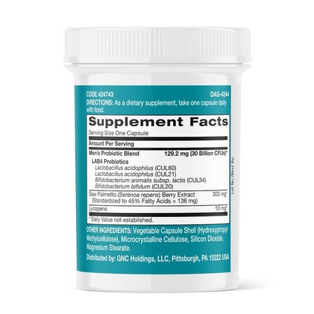 Probiotic pentru barbati LAB4, 30 Miliarde UFC culturi vii cu Saw Palmetto si Lycopene, 30 capsule, Gnc 721242