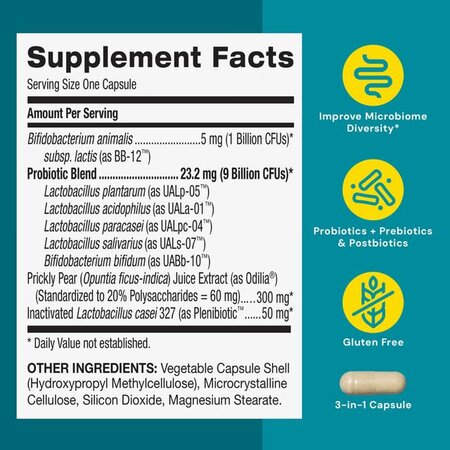 Probiotic 10 miliarde UFC culturi vii, pentru digestie si microbiom cu probiotice si prebiotice, 30 capsule, Gnc 721268