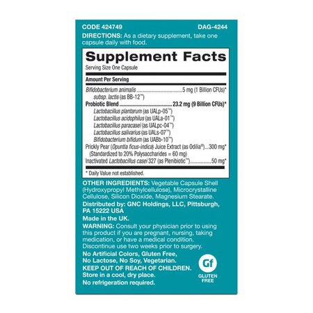 Probiotic 10 miliarde UFC culturi vii, pentru digestie si microbiom cu probiotice si prebiotice, 30 capsule, Gnc 721270