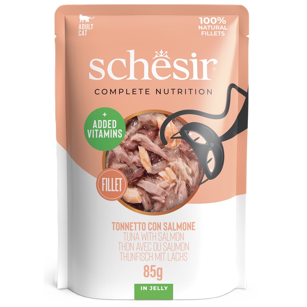 Hrana umeda cu ton si somon in jeleu pentru pisici Complete Nutrition, 85 g, Schesir