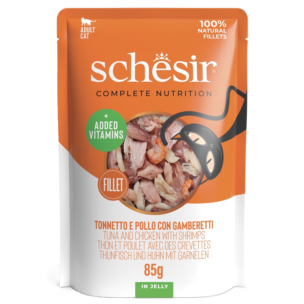 Hrana umeda cu ton, pui si creveti in jeleu pentru pisici Complete Nutrition, 85 g, Schesir