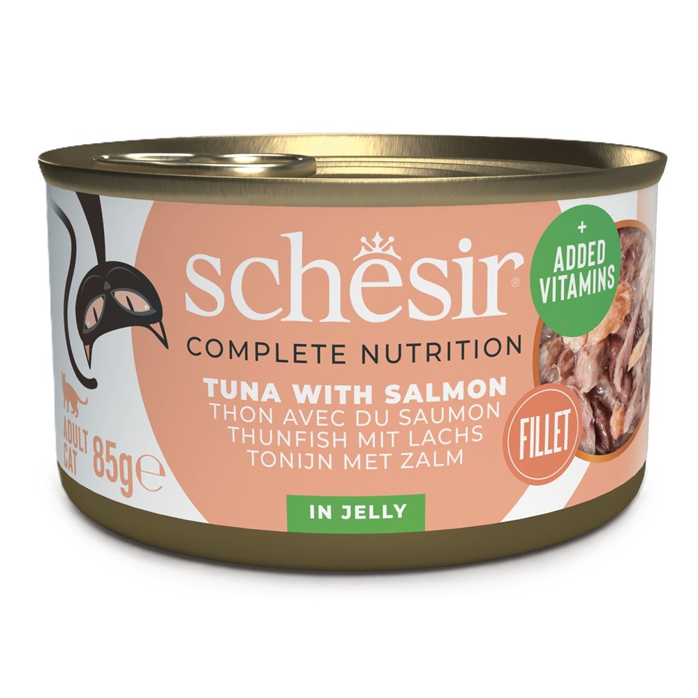 Hrana umeda cu ton si somon in jeleu pentru pisici Complete Nutrition, 85 g, Schesir