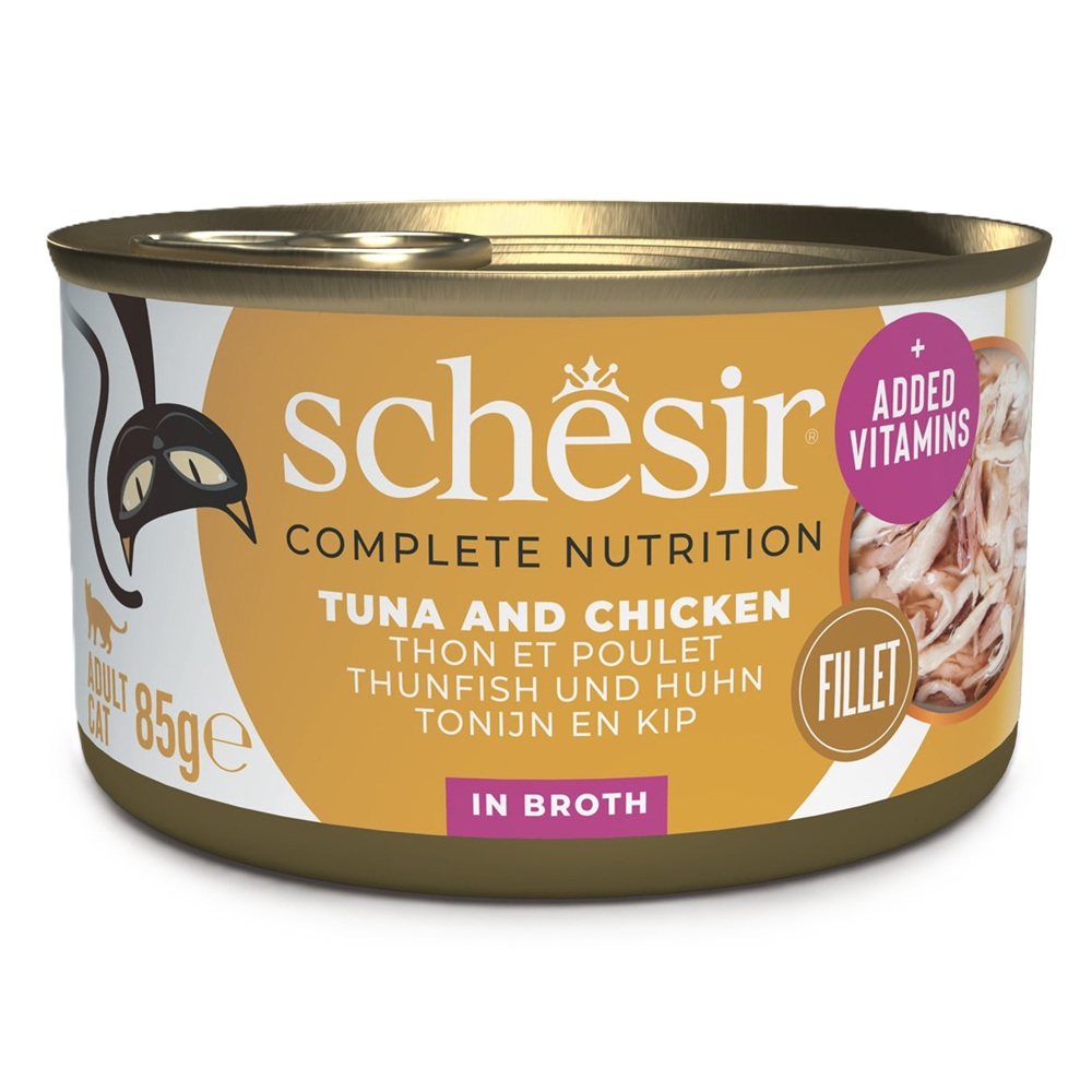 Hrana umeda cu ton si pui in supa pentru pisici Complete Nutrition, 85 g, Schesir