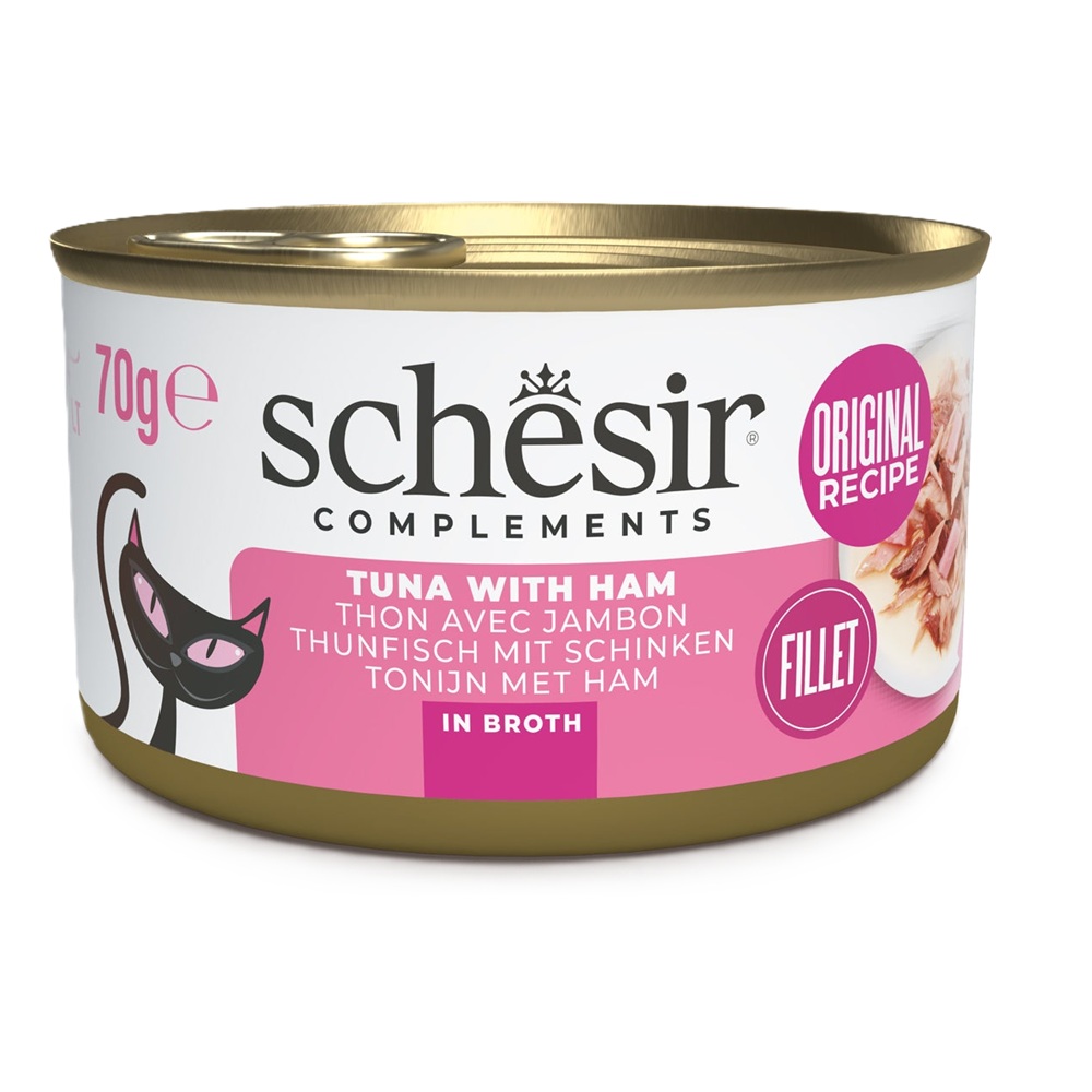 Hrana umeda cu ton si sunca in supa pentru pisici Complements, 70 g, Schesir