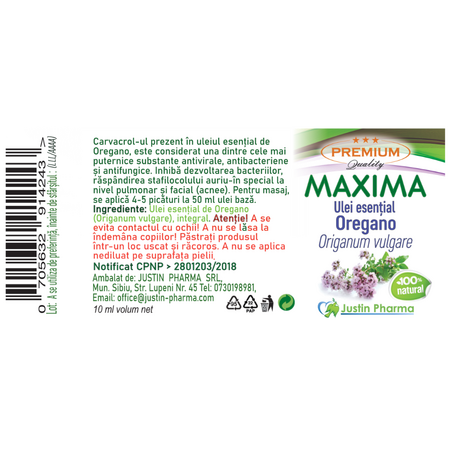 Ulei esential de oregano Maxima, 10 ml, Justin Pharma 721945