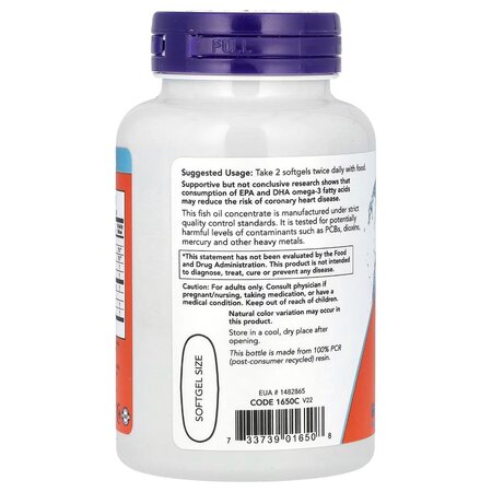Ulei de peste Omega-3, 1000 mg, 100 gelule moi, Now Foods 723435