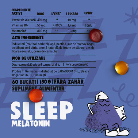 Jeleuri gumate cu melatonina, valeriana si vitamina B6 Sleep Melatonin, 60 bucati, Badagoom 724292