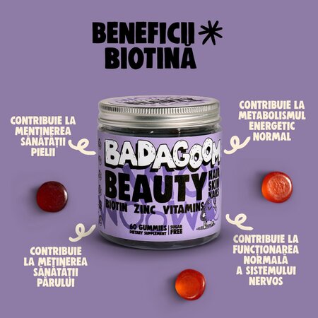 Jeleuri gumate cu biotina, zinc si vitamine pentru par, piele si unghii Beauty, 60 bucati, Badagoom 724458