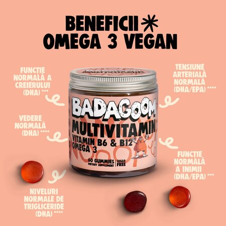 Jeleuri gumate cu multivitamine, minerale si omega 3 Multivitamin, 60 bucati, Badagoom 724471