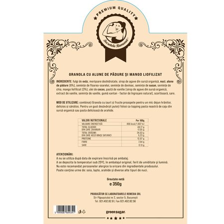 Granola cu alune de padure si mango liofilizat, 350 g, Remedia 724529