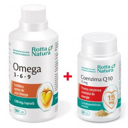 Pachet Omega 3-6-9, 90 capsule + Coenzima Q10 15 mg, 30 capsule, Rotta Natura