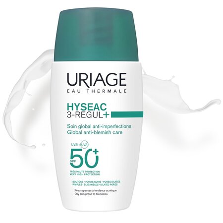 Crema pentru ten predispus la acnee cu protectie solara SPF 50+ Hyseac 3 Regul+, 50 ml, Uriage 725577