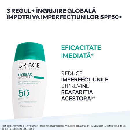 Crema pentru ten predispus la acnee cu protectie solara SPF 50+ Hyseac 3 Regul+, 50 ml, Uriage 725582