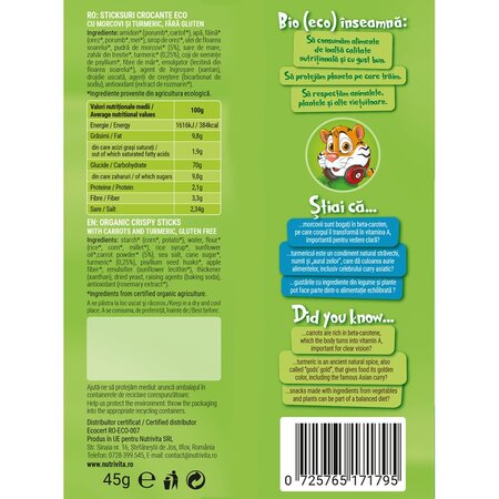 Sticksuri crocante cu morcovi si turmeric, 45 g, Bio Junior 725900