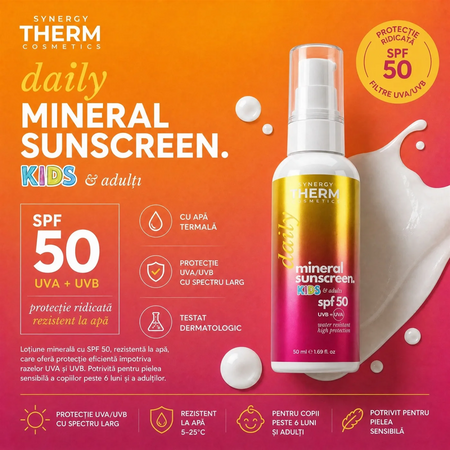 Lotiune cu protectie solara minerala SPF50 pentru copii si adulti, 50 ml, Synergy Therm 726132