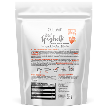 Paste din faina de konjac si morcovi Diet Spaghetti Carrot, 400 g, OstroVit 726848