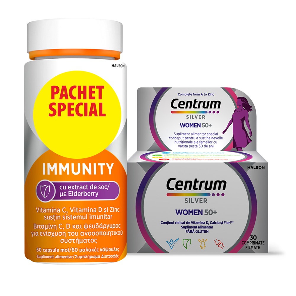 Pachet Centrum Silver 50+ pentru femei, 30 comprimate + Centrum Immunity cu extract de soc, 60 capsule, Haleon