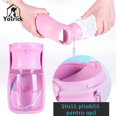 Sticla de apa pliabila pentru caini si pisici roz, 330 ml, Yatrick 728123