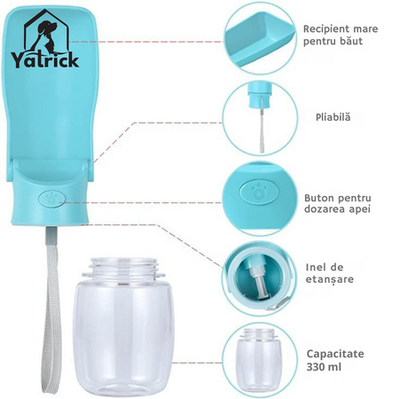 Sticla de apa pliabila pentru caini si pisici albastra, 330 ml, Yatrick 728131
