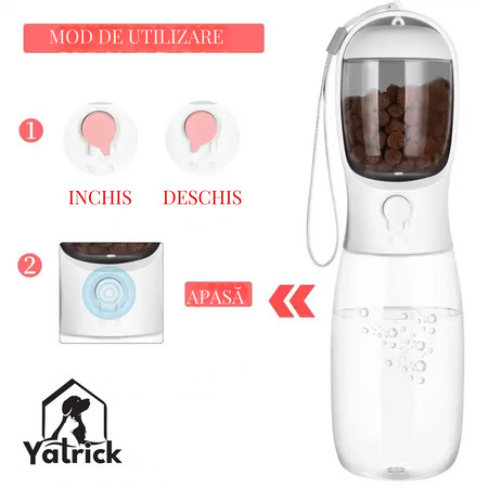 Sticla portabila 2-in-1 pentru caini si pisici alba, 330 ml, Yatrick 728140