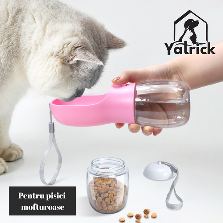 Sticla portabila 2-in-1 pentru caini si pisici roz, 330 ml, Yatrick 728149