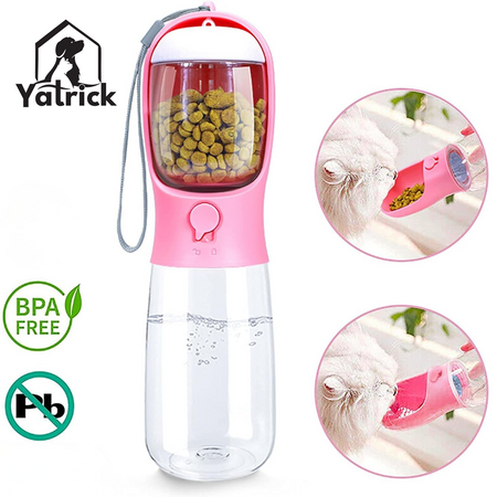Sticla portabila 2-in-1 pentru caini si pisici roz, 330 ml, Yatrick 728150