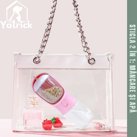 Sticla portabila 2-in-1 pentru caini si pisici roz, 330 ml, Yatrick 728151