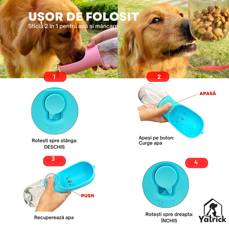 Sticla portabila 2-in-1 pentru caini si pisici albastra, 330 ml, Yatrick 728178