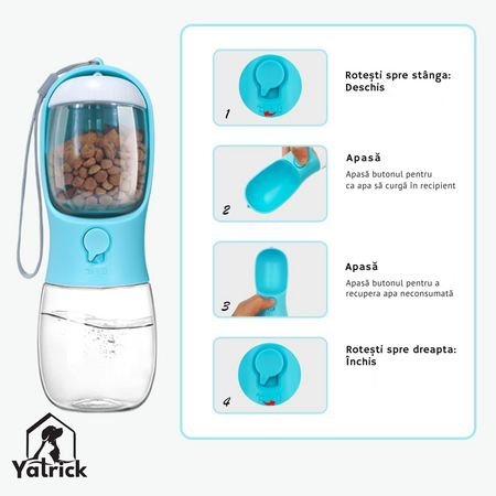 Sticla portabila 2-in-1 pentru caini si pisici albastra, 330 ml, Yatrick 728176