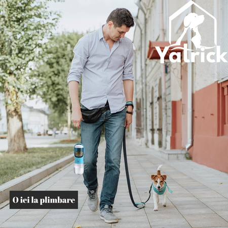 Sticla portabila 2-in-1 pentru caini si pisici albastra, 330 ml, Yatrick 728177