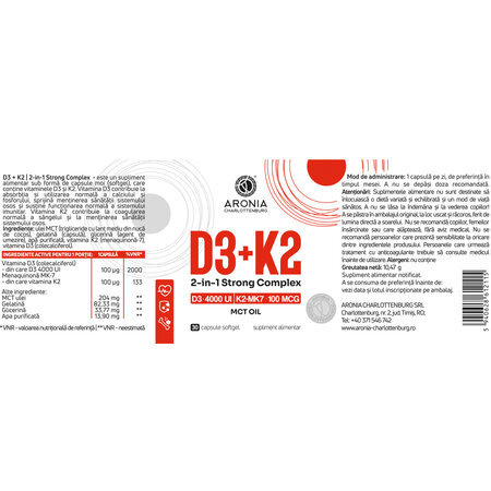 Vitamina D3 + Vitamina K2 2 in 1 Strong Complex, 30 capsule moi, Aronia Charlottenburg 728431