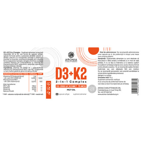 Vitamina D3 + Vitamina K2 2 in 1 Complex, 60 capsule moi, Aronia Charlottenburg 728439