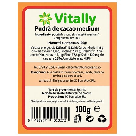 Pudra de cacao medium, 100 g, Vitally 728498