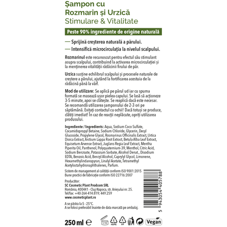 Sampon cu rozmarin si urzica pentru stimulare si vitalitate Essential, 250 ml, Cosmetic Plant 728746