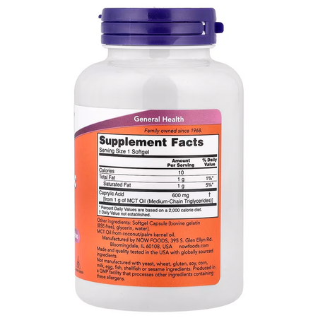 Acid Caprilic, 600mg, 100 gelule moi, Now Foods 729815